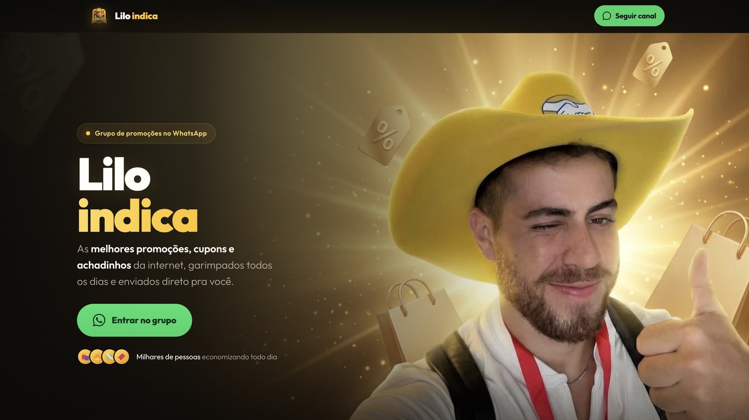Landing Lilo indica — grupo de promoções no WhatsApp
